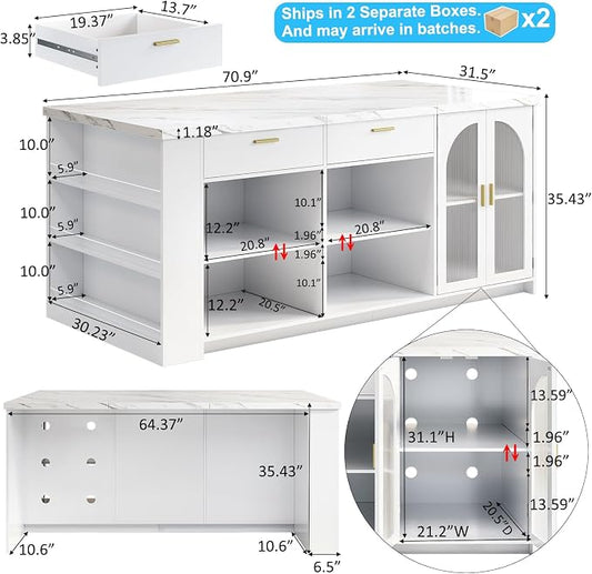 IBF 71" Large Kitchen Island with Storage, White Faux Marble Island table with Seating for 4-6, Stationary Island Cabinet with Drawers & Fridge Space, Modern Wood Counter Height Island Bar, Only Table