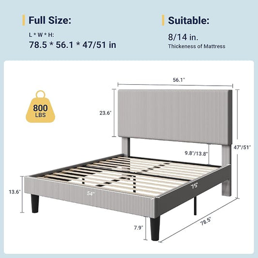 Allewie Full Size Upholstered Bed Frame with Vertical Channel Tufted Headboard, Soft Corduroy Fabric Platform Bed, Strong Wooden Slats Support, Easy Assembly, No Box Spring Needed, Light Grey