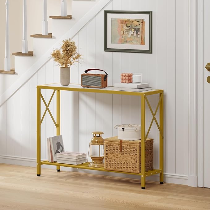 Tajsoon Entryway Table 41.8”, 2-Tier Entry Way Console Entrance Table, Narrow Sofa Table with Shelves, Ideal for Hallway, Entryway, Living Room, Foyer, Corridor, and Office (Gold & White)