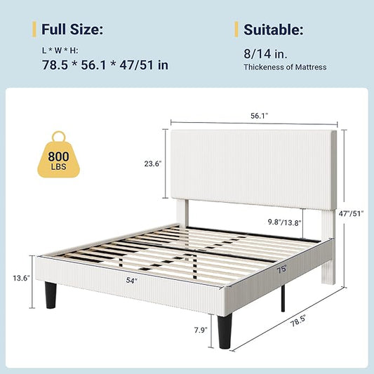 Allewie Full Size Upholstered Bed Frame with Vertical Channel Tufted Headboard, Soft Corduroy Fabric Platform Bed, Strong Wooden Slats Support, Easy Assembly, No Box Spring Needed, White