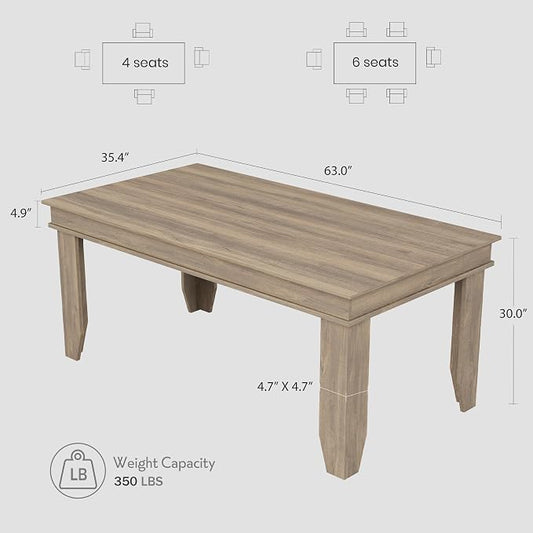 GarveeHome Farmhouse Dining Table for 4-6 People, 63 in Long Kitchen Tables with Wooden Sturdy Frame, 5 ft Large Rectangular Dinner Table for Dining Room, Kitchen, Natural Oak, 63" Non-extendable