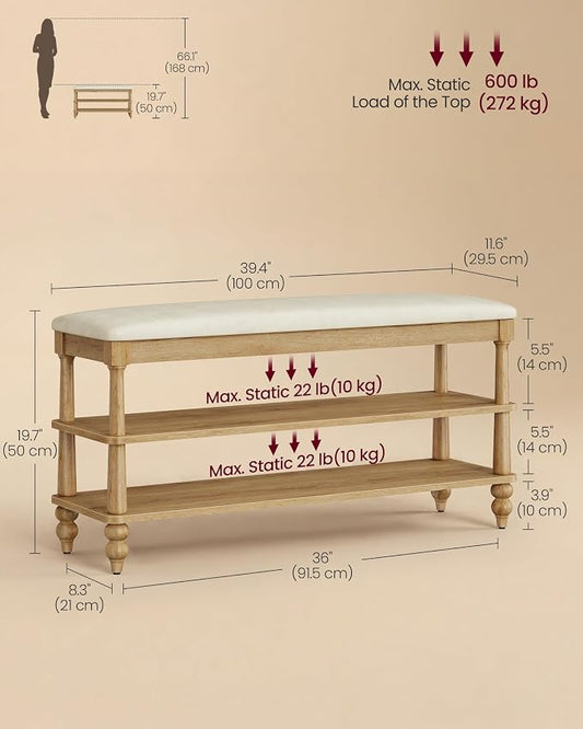 VASAGLE Mariel Collection - Shoe Bench, Wooden Entryway Bench with Padded Seat, 2-Tier Shoe Storage Rack, 39.4 x 11.6 x 19.7 inches, for Entryway and Bedroom, Natural Brown ULSB200K101S