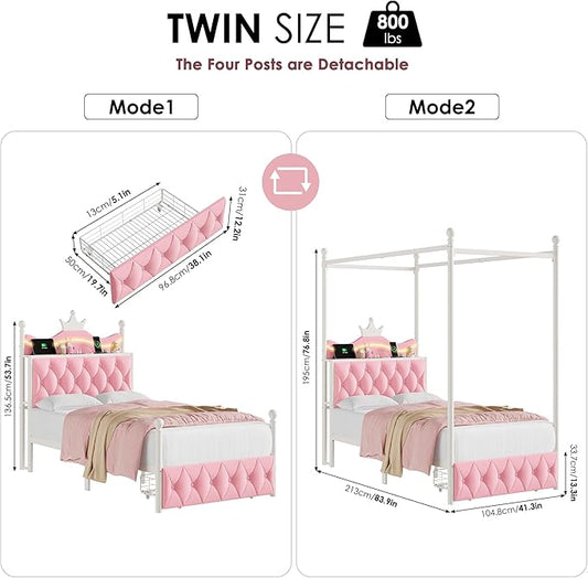 Keyluv Twin Size Upholstered LED Canopy Bed Frame with Charging Station and Drawer, Button Tufted Crown Headboard with Storage Shelf, Two-Purpose Removable Four Poster Design Platform Bed, Pink