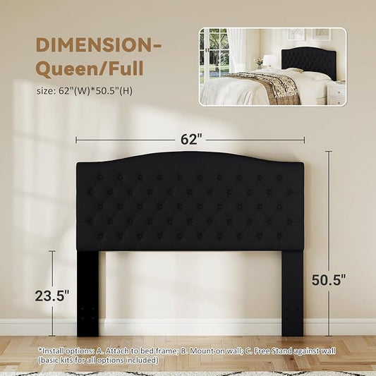 Queen Headboard Only, Upholstered Headboard for Adjustable Bed Linen Tufted Queen/Full Size Wall Mounted Head Board with Solid Wood Legs Head Board, Black