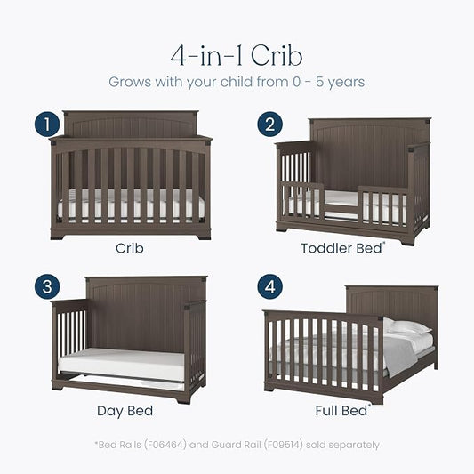 Child Craft Redmond 4-in-1 Convertible Baby Crib, Wood Nursery Furniture Converts to Toddler Bed, Daybed & Full Bed, Adjustable Mattress Heights, Rustic Style, Non-Toxic Baby Safe Finish, Dapper Gray