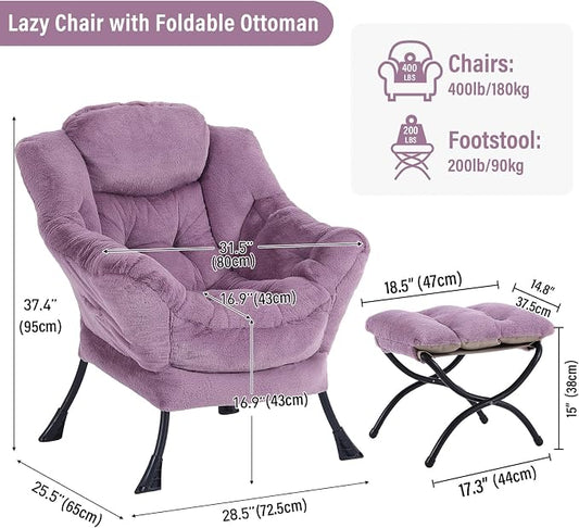 Furlide Lazy Chair with Ottoman, Modern Accent Chair with Armrests and a Side Pocket, Plush Purple Accent Chairs, Reading Chairs, Oversized Armchairs for Bedroom, Study, Living Room, Courtyard