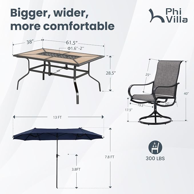 PHI VILLA Patio Dining Set with Umbrella for 6 Person, Outdoor Swivel Dining Chairs Set and 1 Large Rectangular Wooden-Like Top Table with 13ft Navy Blue Outdoor Market Umbrella(No Base)