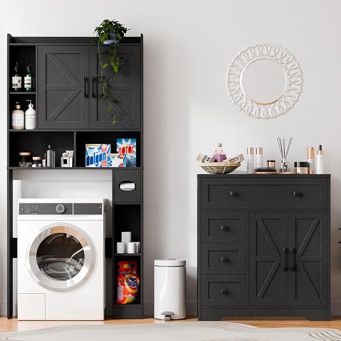 Vabches Farmhouse Storage Cabinet with 2 Doors and 4 Drawers, Freestanding Bathroom Storage Cabinet Kitchen Pantry, Floor Hutch Cupboard for Living Room/Bathroom/Kitchen,(Pure Black)