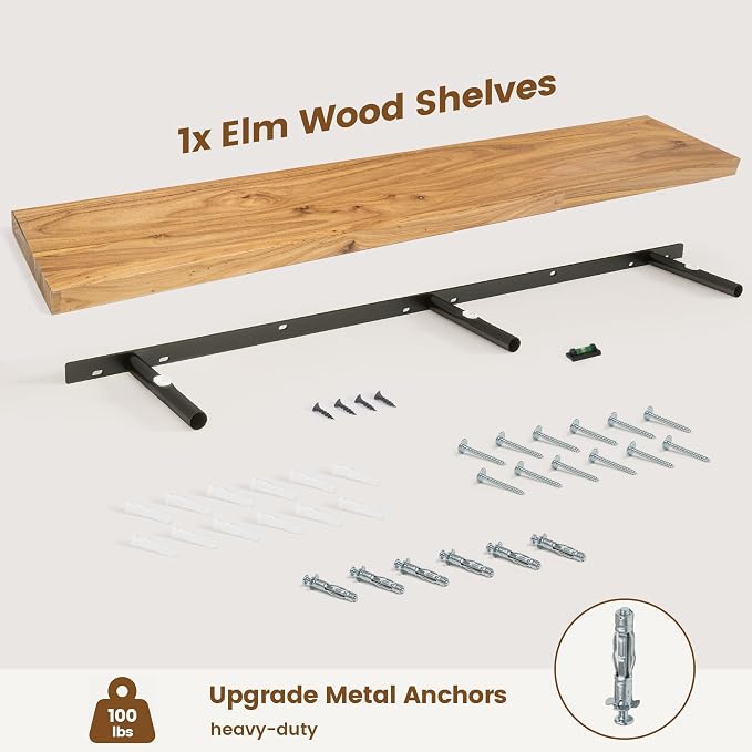 Venusmiles Floating Shelves for Wall Decor, 8" Deep Solid Elm Wood Floating Shelves Wall Mounted, Rustic Wall Shelves with Invisible Bracket for Living Room Bathroom Bedroom Kitchen, 55 Inch, Natural