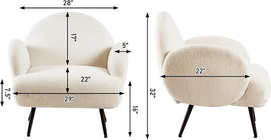 Accent Chair White with Black Metal Legs,Reading Chair for Bedroom Comfy, Boucle Sherpa Chair for Living Room, Bedroom