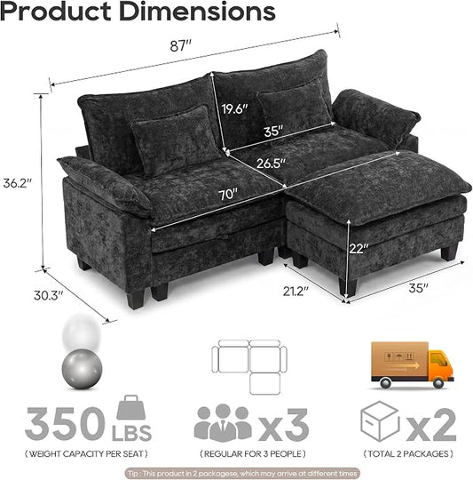 URRED Oversized Modular Sectional Sofa, 87" L Shaped Modern Comfy Cloud Couch with Movable Ottoman & Pillows, Deep Seat Couches for Living Room, Bedroom or Apartment (Chenille Black, 87" L Shaped)