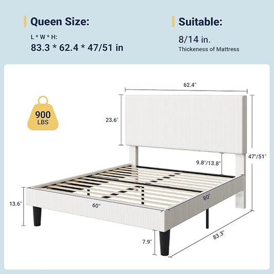 Allewie Queen Size Upholstered Bed Frame with Vertical Channel Tufted Headboard, Soft Corduroy Fabric Platform Bed, Strong Wooden Slats Support, Easy Assembly, No Box Spring Needed, White