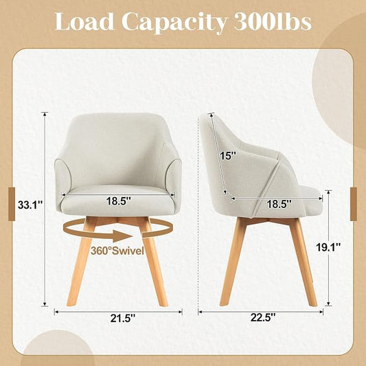 Swivel Dining Chairs Set of 6, Mid Century Modern Dining Chairs with Arms and Wood Legs, Linen Fabric Upholstered Kitchen Chairs for Dining Room Living Room, Comfortable Widen Seat, Beige