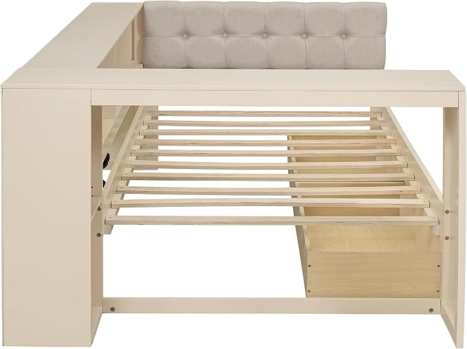 Bellemave Twin Size Corner Bed Frame with Storage Shelves and Desk, Wood Twin Daybed with Bookcase and Drawers and Upholstered Headboard, Cream