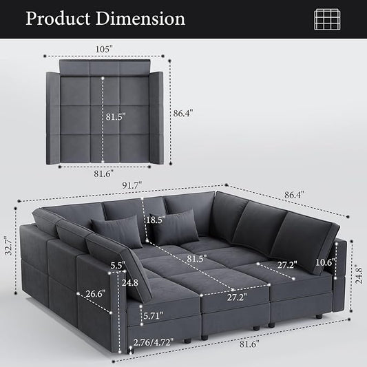 Vesgantti Modular Sofa Bed with Storage, 92" Sleeper Sofas with 9 Seats Storage Chaises Removable Cover, Luxury Large Velvet Sectional Couch Set for Living Room, Apartment, Home Theater, Gray