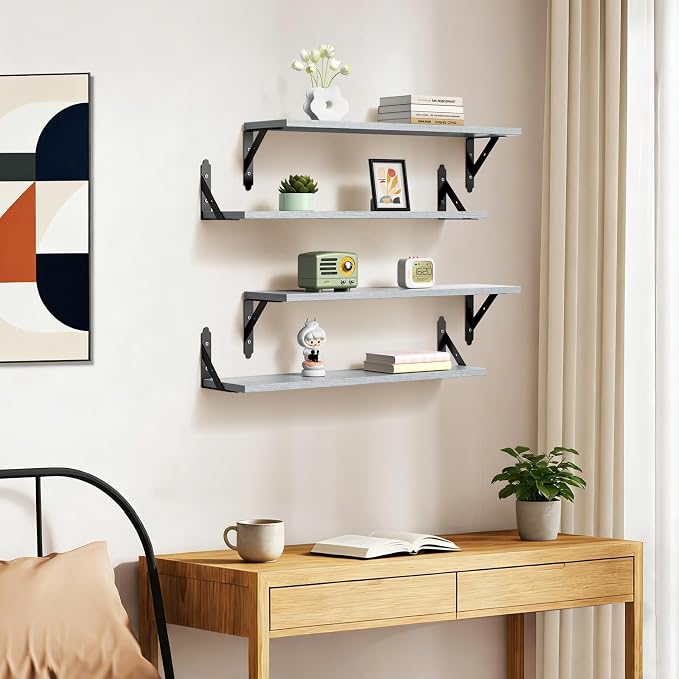 ROMGUAR CRAFT Wood Floating Shelves Set of 4, Rustic Storage Decor Wall Shelves, Wall Mounted Shelf for Living Room, Bedroom 23.6" x 6", Light Grey