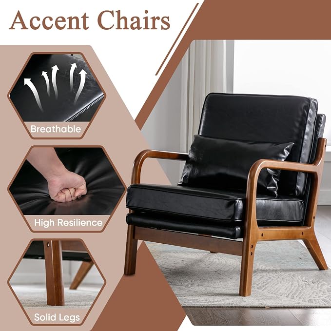 Deolme Mid Century Modern Accent Chair Living Room- Comfy Solid Wood Arm Chair with Lumber Pillow Lounge Decorative Black Leather Office Side Chair for Bedroom Reading Nook Sillas De Sala