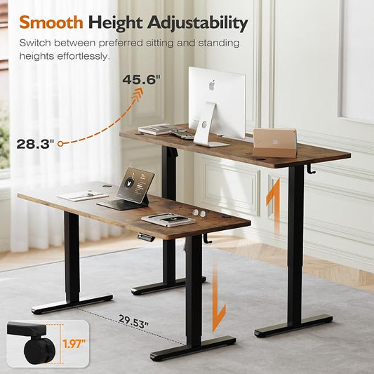 Monomi Electric Height Adjustable Standing Desk, 48x24 Inches, Ergonomic Home Office Sit/Stand Up Desk with Two-Piece Desktop (Black Steel Frame/Rustic Brown Top)