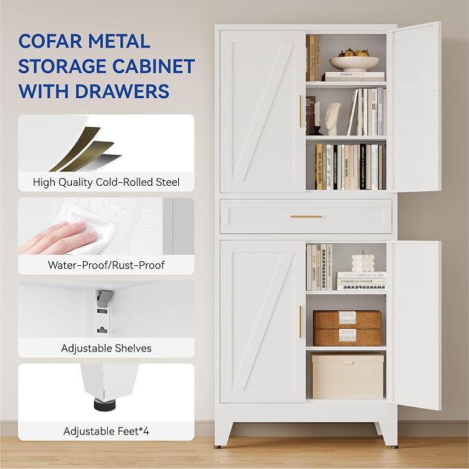 COFaR 71'' Tall Metal Pantry Cabinet with Drawer, Kitchen Storage Cabinet with 4 Doors and Shelves, Freestanding Farmhouse Food Cupboard for Kitchen Dinning Room Garage, White 6-Tier