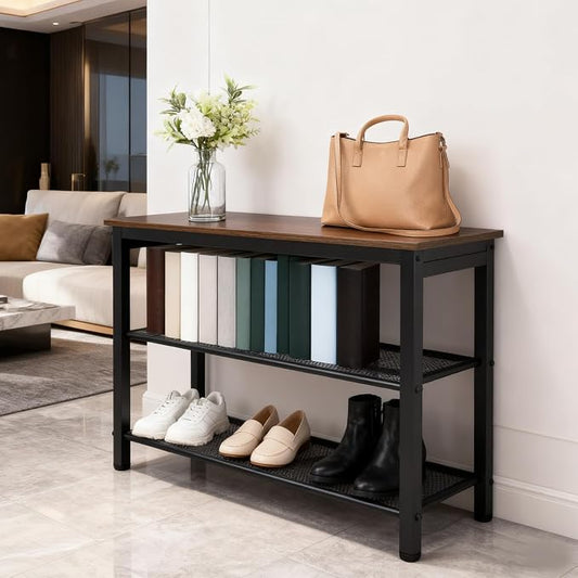 3-Tier Shoe Rack Bench, Industrial Shoe Organizer with Metal Mesh Shelves and Wood Seat, 29.5 Inch Entryway Storage Bench for Living Room or Hallway, Rustic Brown