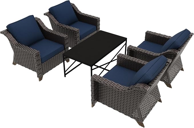 5 Pieces Outdoor Conversation Furniture Set - 4 PE Rattan Armchairs, 1 Metal Coffee Table, Patio Wicker Furniture Set with Water-Resistant Cushions for Swimming Pool, Sunroom (Navy Blue)