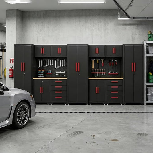 Garage Storage Cabinet System, 13Pcs Garage Cabinets and Storage System Corner Workshop Set with Corner Cabinet, Cabinet Drawers, Workbench, Pegboard for Tool Organization, Black Red