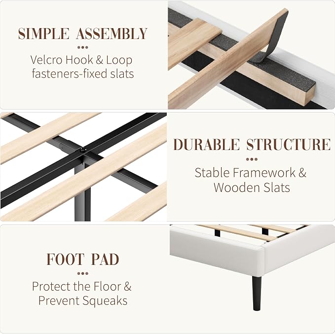 Sismplly King Size Bed Frame and Headboard,Vertical Channel Tufted Wingback No Box Spring Needed, Mattress Foundation, Easy Assembly White