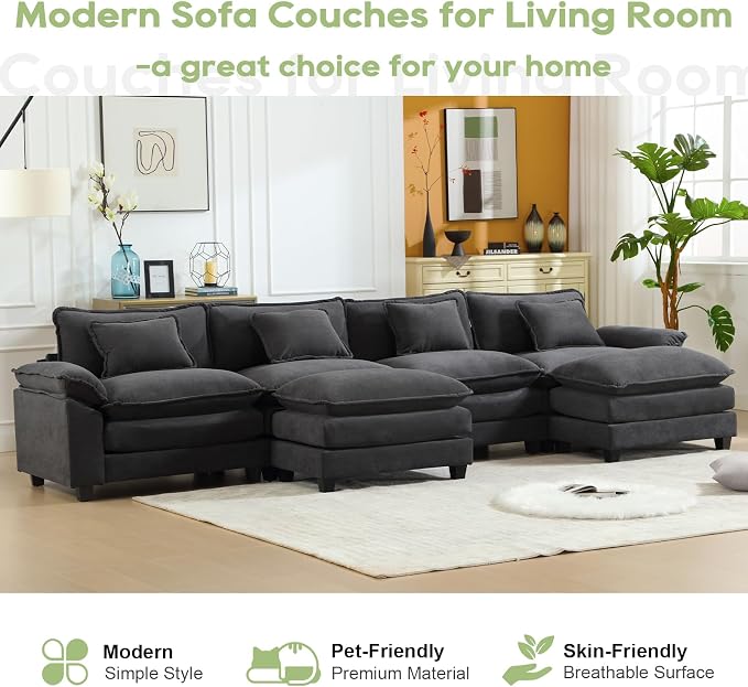 Oprisen 154" Modular Sectional Sofa, Comfy Cloud Couch Sectional Sofa with Ottoman, Velvet Sofa Sleeper Deep Seat Sofa with Throw Pillows for Living Room (Blue Gray, 154"- U Shape)