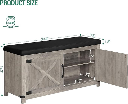 Hzuaneri Shoe Storage Bench, 2 Tier Shoe Bench with Padded Seat Cushion & 2 Barn Doors, Entryway Bench with Adjustable Shelf, Farmhouse Shoe Cabinet for Living Room, Bedroom, Greige SB26605BK
