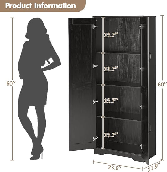 Garvee Tall Pantry Cabinet, 60" Kitchen Storage Cabinet with 2 Doors & Adjustable Shelves, Freestanding Wooden Cupboard for Bathroom,Dining Room, Living Room,Black
