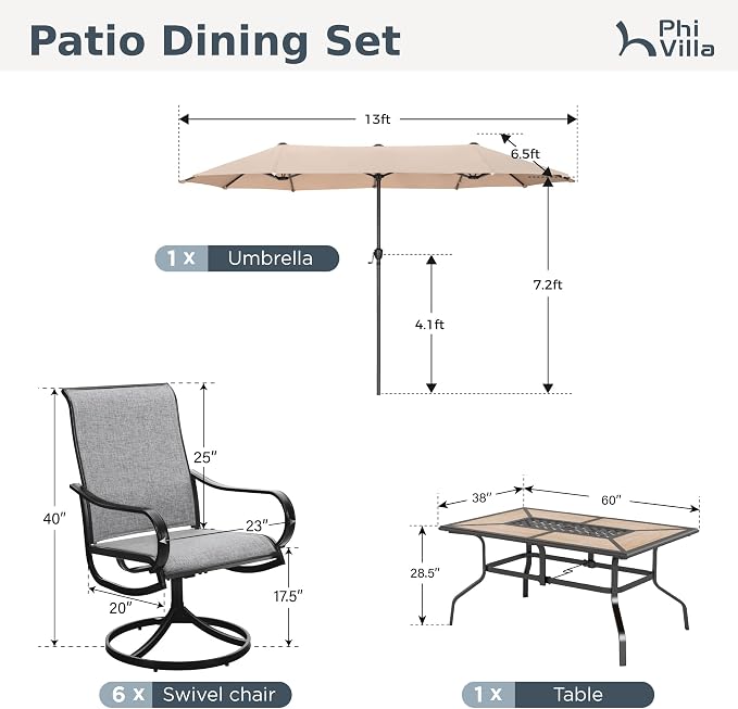 PHI VILLA Patio Dining Set with Umbrella for 6 Person, Outdoor Swivel Dining Chairs & 1 Large Wooden-Like Top Table with 13ft Beige Outdoor Umbrella for Deck Lawn (No Umbrella Base)