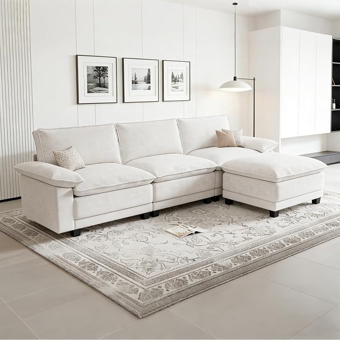 Modern L Shaped Sofa Couches for Living Room, Modular Sectional Cloud Couch with Movable Ottoman, Comfy Chenille Sofa for Apartment and Small Space, Beige