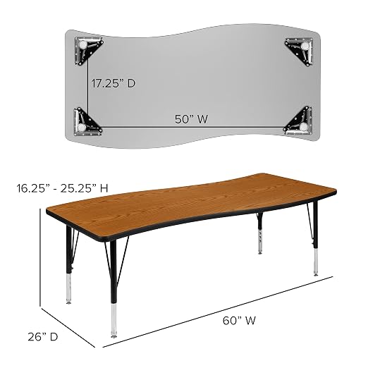 EMMA + OLIVER 26" W x 60" L Rectangular Wave Flexible Collaborative Oak Kids Adjustable Activity Table