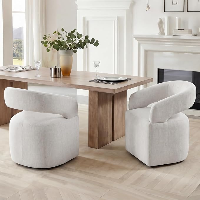 KISLOT Upholstered Dining Chairs Set of 4, Modern Arm Kitchen & Dining Room Chairs with Hidden Casters, Linen Fabric Padded Rolling Chairs, Sturdy Wood Frame, 300 lbs Capacity, Light Linen