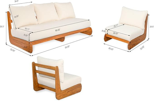 Merax 3 Piece Patio Outdoor Furniture Set, All-Weather Acacia Wood 3-Seater Daybed Sofa, 2 Chaise Lounge Chairs with Thick Cushions for Porch, Lawn, Backyard, Balcony, Beige +Teak