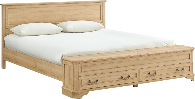 T4TREAM Farmhouse King Bed with Headboard and Storage Bench, Rustic Wood Platform Bed with 80" Storage Chest w/ 4 Large Drawer (Natrual Oak)