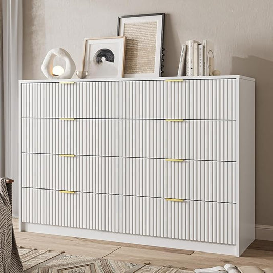 MAISONARIA 3-Piece Dresser Bedroom Set, 8 Drawer Dresser & 3 Drawer Nightstands with Gold Handles, Fluted Wood Chest of Drawers for Bedroom, Living Room, Entryway, White
