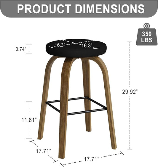 Bar Stools Set of 2, Counter Height Backless Bar Stools, 30" Swivel Barstools Kitchen Chair with Upholstered Fabric Seat, Black