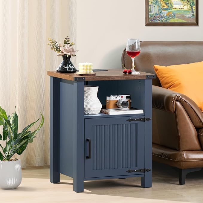 Joaxswe Night Stand with Charging Station and USB Port, 18 Inch Farmhouse Nightstand with Storage Shelf, Rustic Couch End Table with Magnetic Door, Wood Bed Side Tables for Bedroom, Home, Nayv Blue