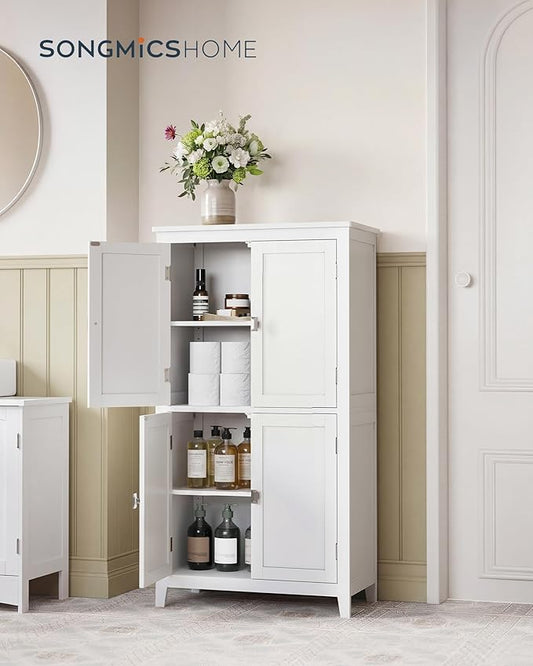 SONGMICS HOME Freestanding Storage Cabinet, Floor Cabinet with Elevated Legs, Metal Handles, for Living Room, Kitchen, Bathroom, White