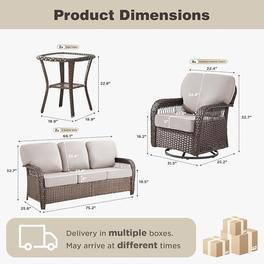 Belord Patio Chairs Set and 3-seat Sofa, Wicker Swivel Rocker Outdoor Chairs for Deck Yard and Poolside, 8 Piece Luxury Patio Furniture Set,Beige