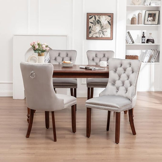 Hixkol Velvet Dining Chairs Set of 4,Upholstered Dining Chairs with Ring Pull Trim and Button Back,Modern Seating for Kitchen, Bedroom & Living Room(Light Gray)