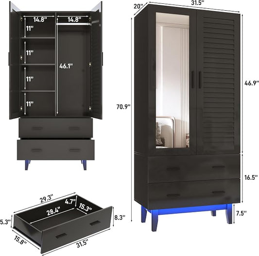 jiteentarou 2 Door Armoire Wardrobe Closet Cabinet with Drawers and LED Lights, Multi-Tier Shelves, Hanging Rod & 2 Louver Doors, Large Capacity Storage Wardrobe Armoire for Bedroom(2 Doors Black)