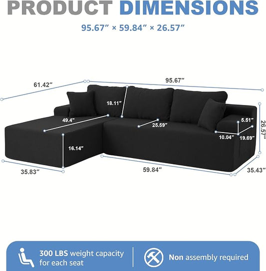 Hobestluk Modular Sectional Sofa Couches L-Shape Couch 3 Seat Modular Sofa Memory Foam Sectional Couches for Living Room, Cloud Couch with Oversized Chaise (Black Smooth, 96", Left Hand Facing)