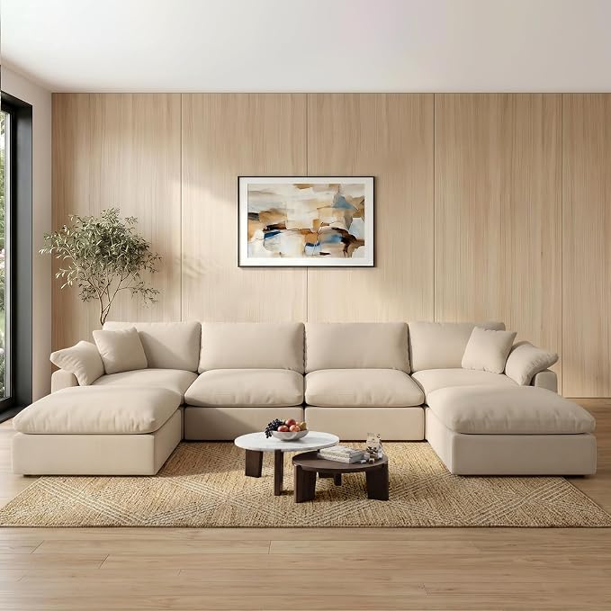 Modern Modular Sectional Sofa U-Shaped 6-Seat with Ottoman,Khaki-Extra Comfty Deep Seat Couch for Living Room,Apartment,Office & Small Spaces
