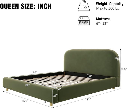 Merax Queen Size Velvet Fabric Upholstered Platform Bed with Curved Shaped Headboard, Wood Bed Frame with Solid Round Legs for Kids Teens Adults, Olive Green