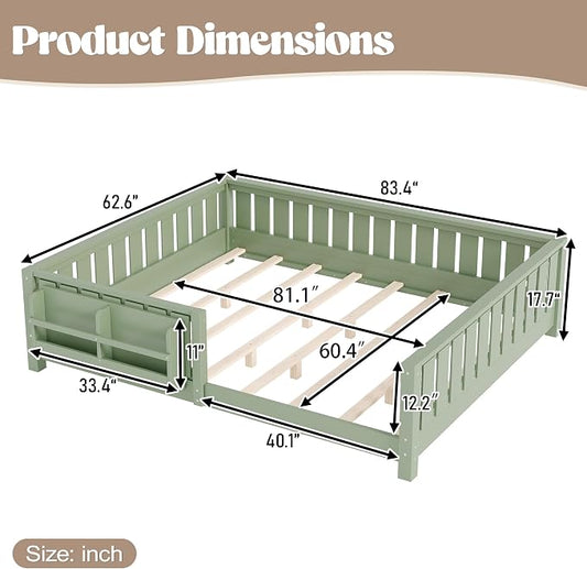 Bellemave Queen Size Floor Bed with Slats and Safety Guardrail, Queen Size Montessori Floor Bed with Fence and Built-in Bookshelf, Easy Assemble Montessori Beds for Girls, Boys, Avocado Green