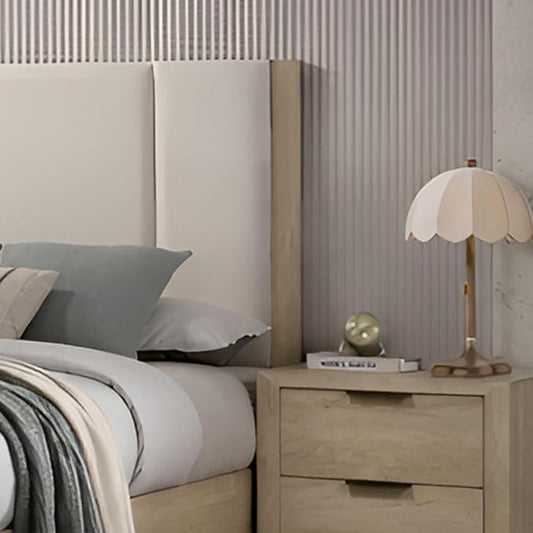 Kings Brand Furniture Linden 4-Piece Bedroom Set, King Size Bed Frame with Upholstered Headboard, Dresser with Mirror and 2-Drawer Nightstand, Oak Finish