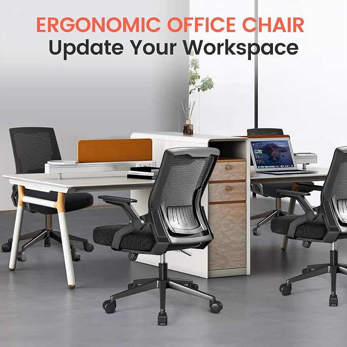 GTPLAYER Ergonomic Office Chair with Flip-up Armrests Executive Computer Chair for Home Office, Breathable Mesh & Comfy Lumbar Support, Pack of 2, Space Black
