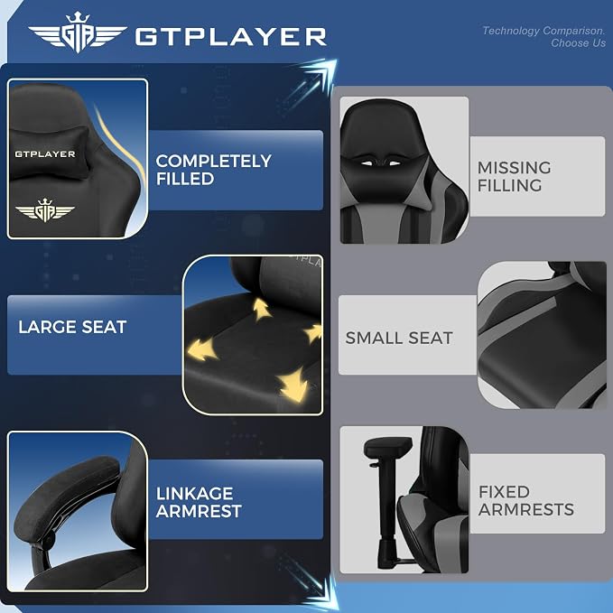 GTPLAYER Gaming Chair Fabric with Pocket Spring Cushion, Big and Tall Gamings Chairs 350LBS High Back Computer Chair with Footrest for Adults Lumbar Support Swivel Game Chair for Office Light Black